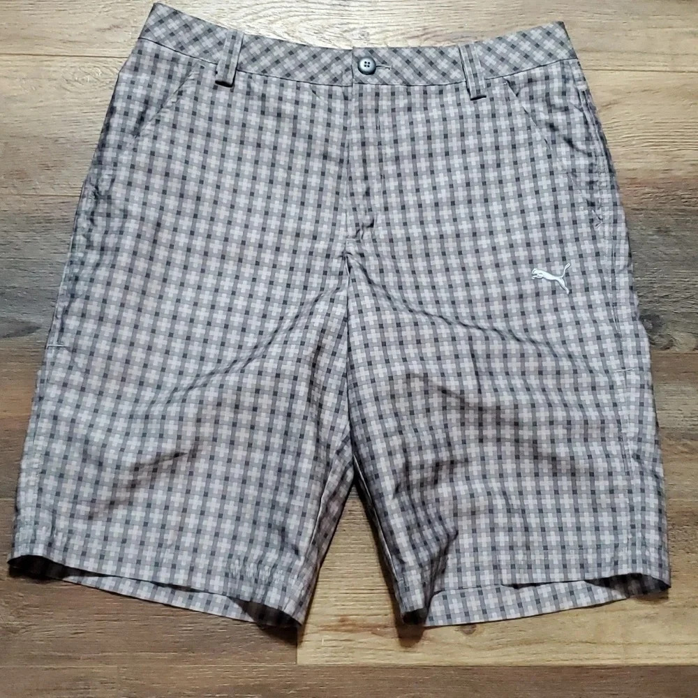 Puma grey pixel plaid hybrid quickdry flat front golf shorts